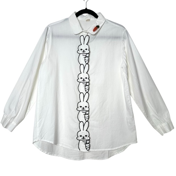 Tops - Kitschy Embroidered Rabbit with Crochet Carrot Dopamine Dressing Kawaii Blouse